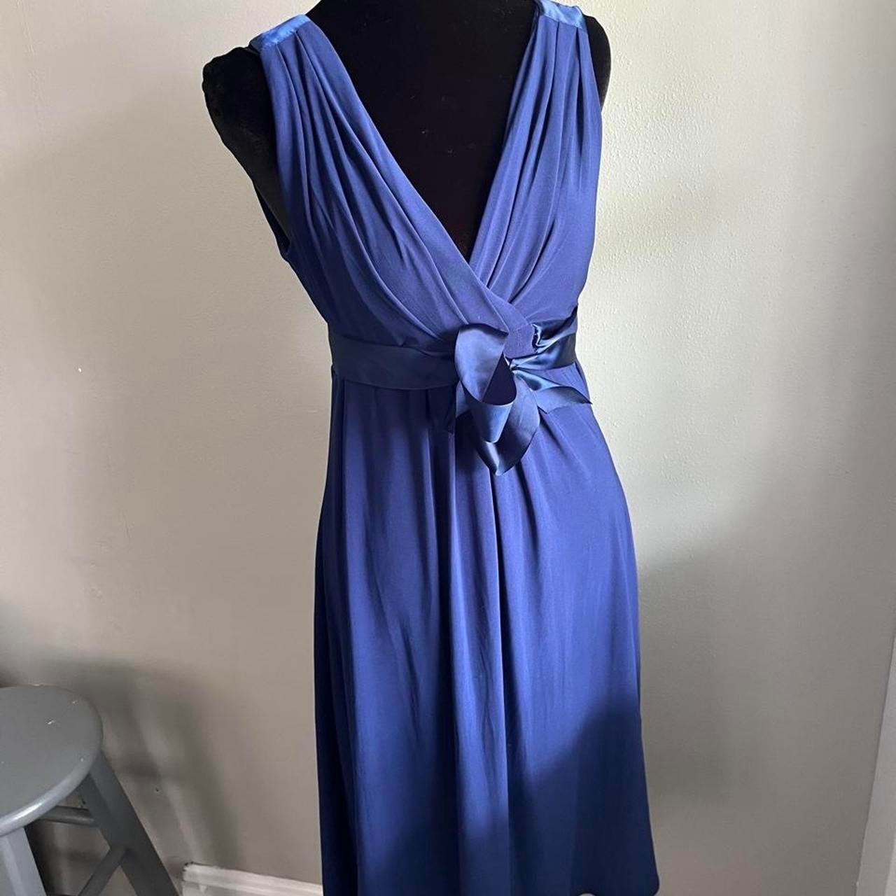 Satin Blue Midi V-Neck Dress